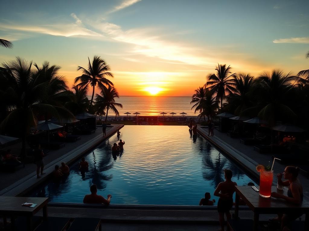 Canggu beach club at sunset with infinity pool