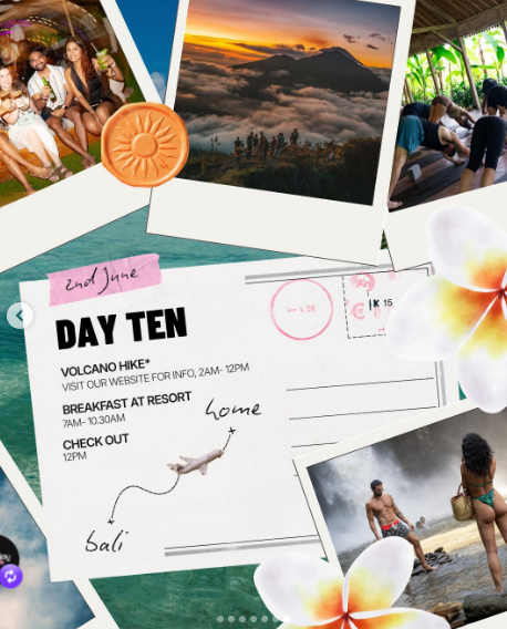 Official Thursday itinerary — Day Ten (2 June): Volcano hike 2am–12pm, breakfast at resort 7–10.30am, check out 12pm. Fly home.