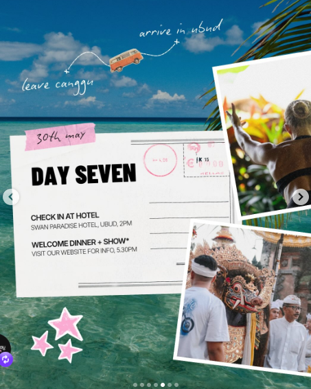 Official Thursday itinerary — Day Seven (30 May): leave Canggu, arrive Ubud. Check in at Swan Paradise Hotel, Ubud, 2pm. Welcome Dinner + cultural show, 5.30pm.