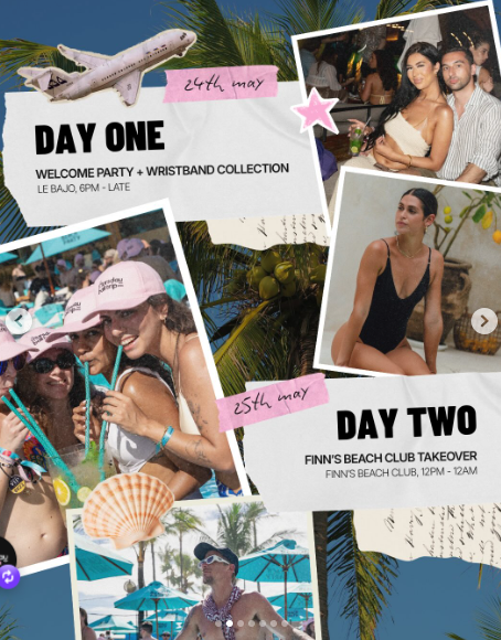 Official Thursday itinerary — Day One: Welcome Party + Wristband Collection at Le Bajo (24 May, 6pm – late). Day Two: Finn's Beach Club Takeover (25 May, 12pm – 12am).