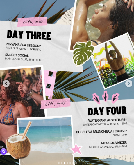Official Thursday itinerary — Day Three: Nirvana Spa Session and Sunset Social at Mari Beach Club 3pm–8pm (26 May). Day Four: Waterbom Waterpark 12pm–5pm, Bubbles & Brunch Boat Cruise 10am–3pm, Mexicola Mixer at Mexicola Canggu 6pm–1am (27 May).