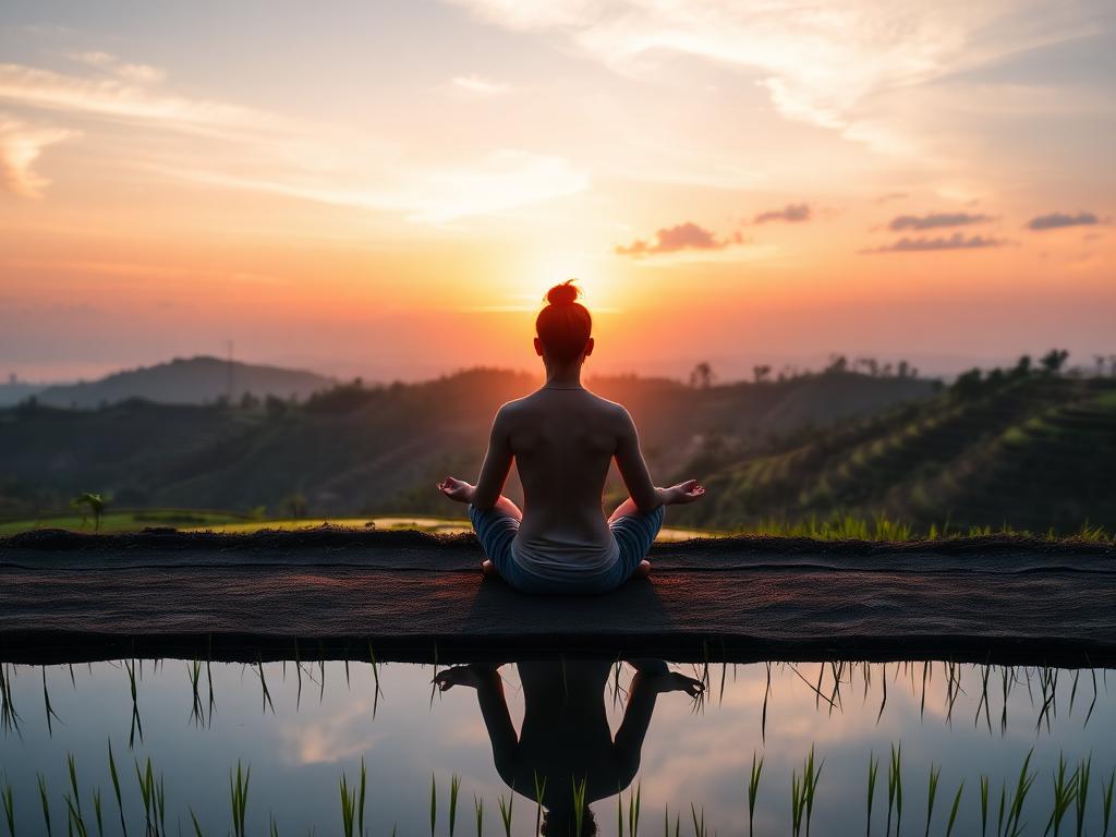 Person meditating at Bali sunset