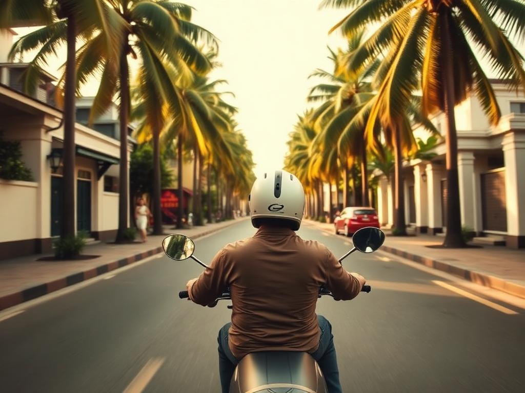 Scooter ride down a palm-lined Canggu street