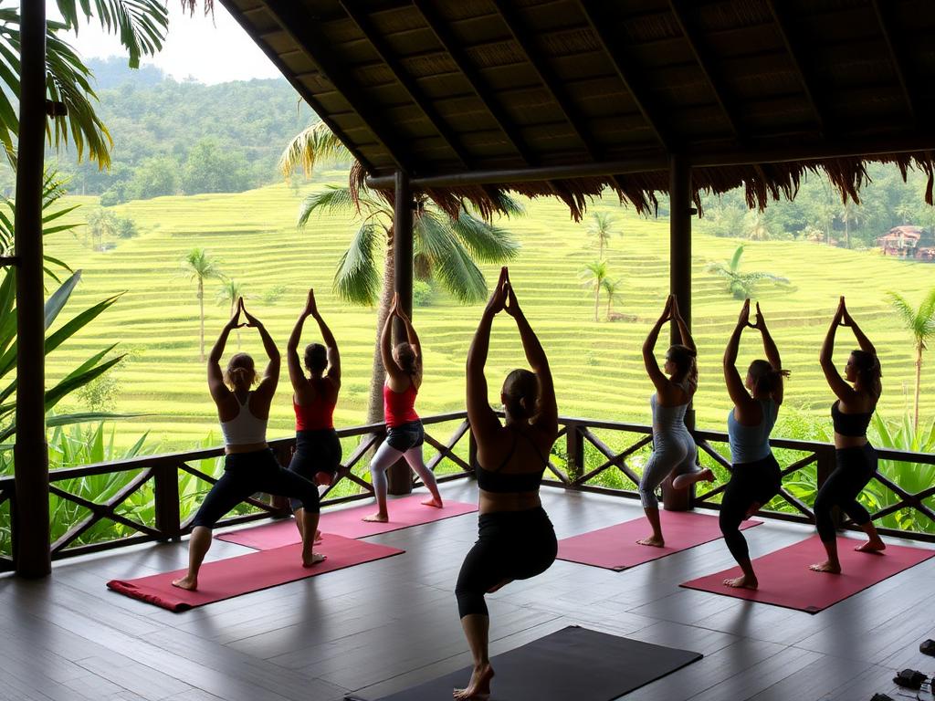 Yoga class with rice terrace view